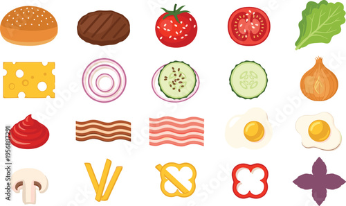 Vector burger ingredients set featuring bun, meat patty, tomato, cheese, onion, lettuce, bacon, fried egg, cucumber, mushroom, and sauces for restaurant menu and food design.