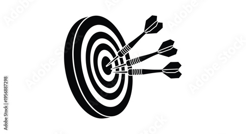 A black dartboard with three darts hitting the bullseye silhouette