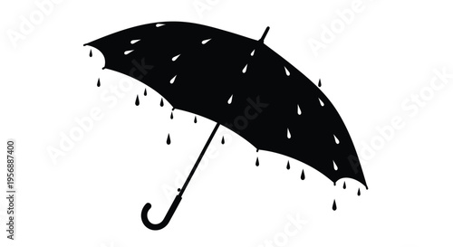 Black umbrella with falling raindrops a striking monochrome silhouette