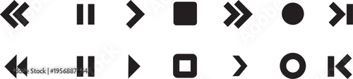 A collection of various black media player control icons for rewind pause ,play ,stop and fast forward buttons