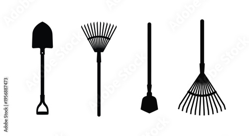Four garden tools displayed in a striking black silhouette