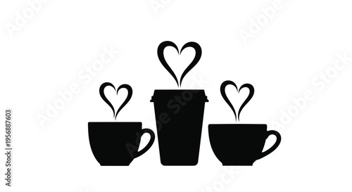 Three coffee cups with heart shaped steam a striking silhouette
