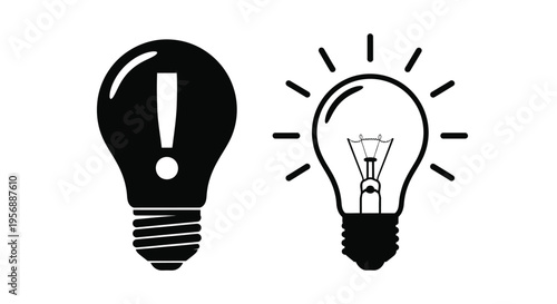 Two lightbulbs one with an exclamation point in stark silhouette