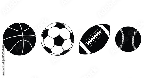 Four sports balls in a linear arrangement black silhouette