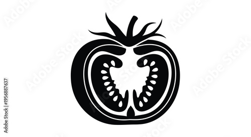 A striking black tomato half cross section graphic bold silhouette
