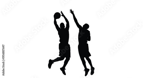 Two basketball players in mid air during a game dramatic silhouette