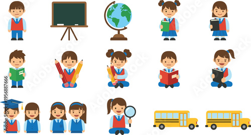 Comprehensive vector set of cute school children characters featuring students reading books holding pencils globe blackboard and school buses for educational and back to school design.