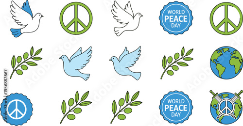 Set of world peace day icons featuring white doves olive branches peace symbols and earth globe illustrations for international unity harmony and anti-war design.