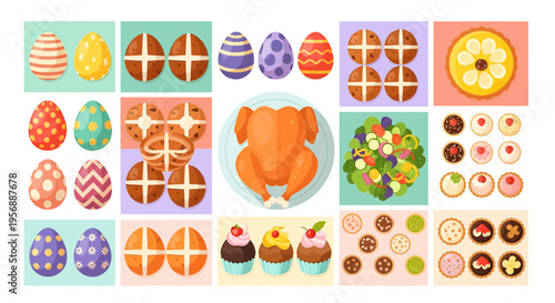 Set of Easter Food Elements and Traditional Decorations, Flat Vector Illustration of Roasted Chicken, Hot Cross Buns, Painted Eggs, Salads, and Desserts Isolated on White Background