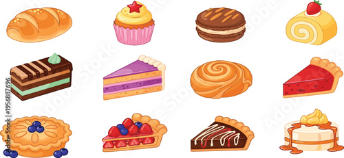 Collection of various bakery desserts and sweet pastries featuring colorful cupcakes chocolate cake slices fruit pies and macaroons for cafe menus and birthday celebrations.