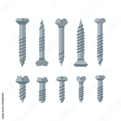 Collection of ten metallic grey screws with various head and thread types