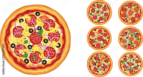 Set of delicious pizza illustrations featuring variety of toppings like pepperoni olives and mushrooms for Italian restaurant menu food delivery and pizzeria advertising design.