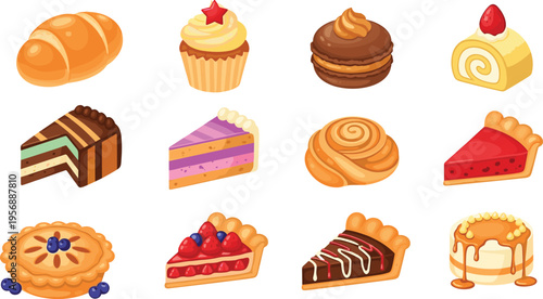 Large collection of delicious bakery desserts featuring cupcakes chocolate cakes fruit pies macaroons and sweet pastries for cafe menu birthday party and confectionery design.