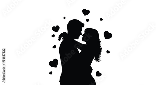 Couple embracing lovingly surrounded by hearts in stark silhouette