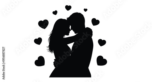 Couple embracing tenderly surrounded by hearts in a dramatic silhouette