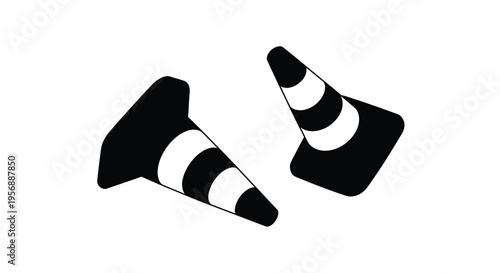 Two traffic cones depicted in a stark black and white silhouette