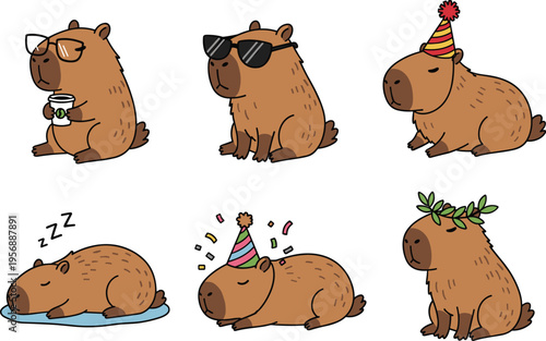 Cute Capybara Cartoon Set with Funny Expressions, Sleeping, Party, and Cool Sunglasses Poses for Kids Illustration, Animal Design, and Playful Wildlife Collection