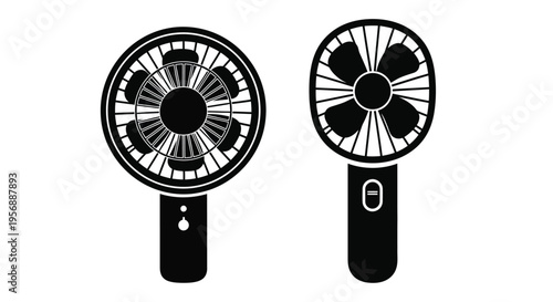 Two handheld fans depicted in a simple black and white illustration