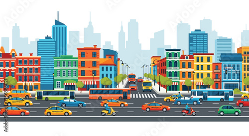 Busy city street scene with colorful buildings and traffic silhouette