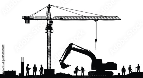 Construction site with crane excavator and workers in stark silhouette