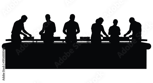 Group of people standing behind a counter striking a pose silhouette