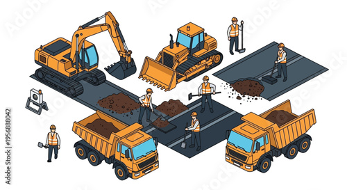 Isometric construction site with heavy machinery and workers a flat silhouette