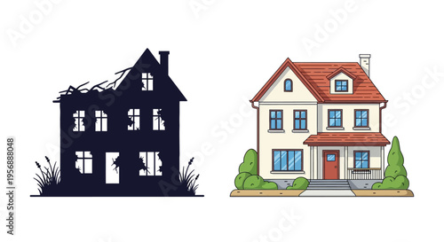 Contrasting house images one intact one destroyed a stark silhouette