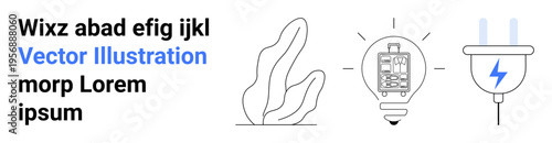 Energy efficiency, smart technology, electricity, innovation, renewable energy, and modern design. A lightbulb with a circuit, an electric plug and organic shape. Energy efficiency and smart