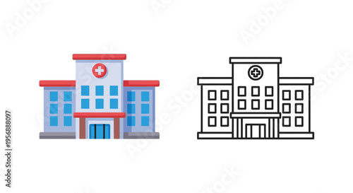 Colorful hospital building contrasted with its black outline silhouette
