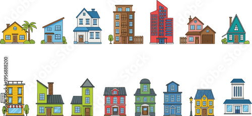 Vector collection of various house styles including modern city buildings suburban residential homes apartments and colorful cottages for real estate property and neighborhood architecture design.