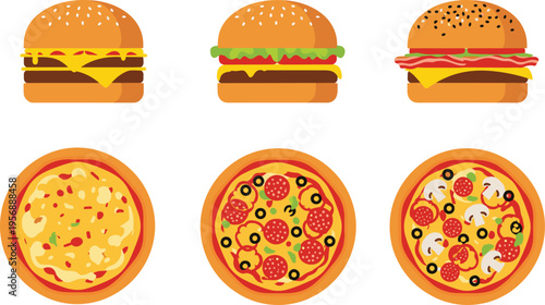 Vector illustration set of delicious fast food featuring variety of burgers with cheese and bacon and diverse pizzas with pepperoni mushrooms and olives.
