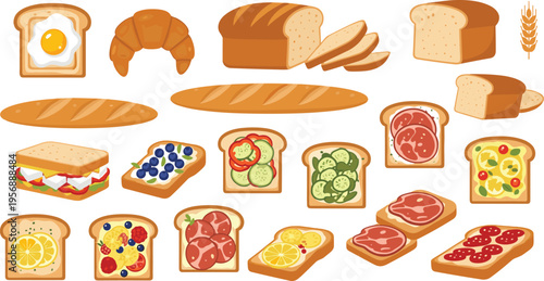 Large collection of bakery products and breakfast toasts featuring sliced bread loaves baguette croissant and sandwiches with healthy toppings like fruits vegetables and eggs.
