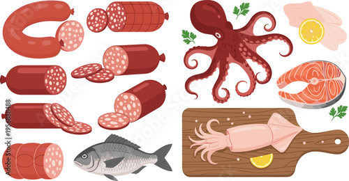 Comprehensive collection of meat and seafood illustrations featuring sliced salami sausages, fresh whole fish, octopus, salmon steak, and squid on a wooden board for menus.
