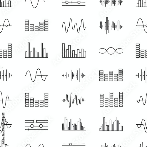 Diverse collection of audio waveform and equalizer line art icons