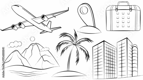 Vector travel icons set with airplane palm tree suitcase and cityscape