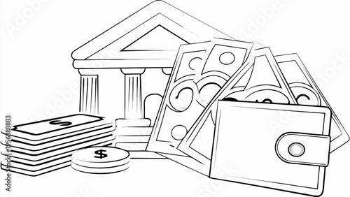 Vector finance icons with bank building money wallet and coins on white background for business concepts