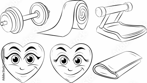 Fitness icons set with hearts dumbbell yoga mat and scales on white background