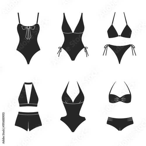 Collection of various black silhouette designs for women summer swimwear and bikini beach outfits isolated on white background, Vector, illustration