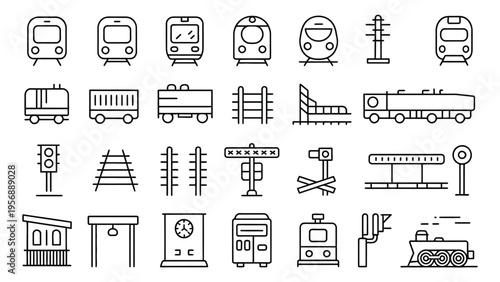 Railroad Line Icon Set, vector illustration featuring commuter train, metro, tram, monorail, rail cars, railway, station clock, waiting room, and railway crossing, editable stroke, transportation and 