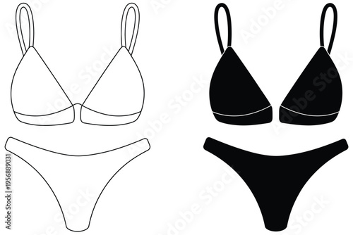 Minimalist vector illustration featuring both line art and solid silhouette of a bikini set isolated on white background, Vector, illustration