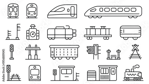 Railroad Line Icon Set, vector illustration featuring commuter train, metro, tram, monorail, rail cars, railway, station clock, waiting room, and railway crossing, editable stroke, transportation and 