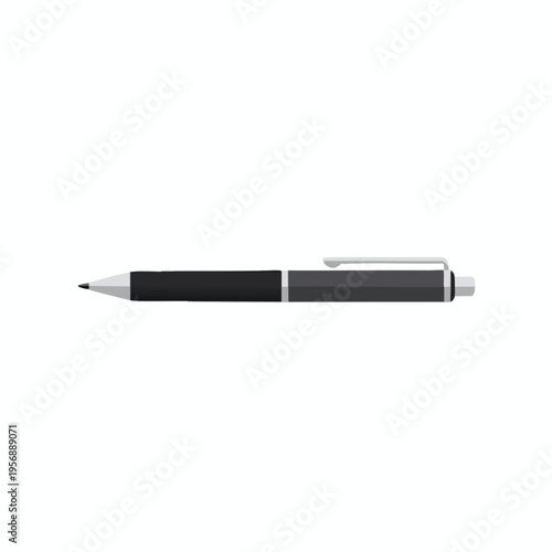 Detailed view of a black and silver retractable ballpoint pen, isolated on white