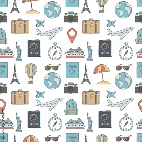 A travel-themed seamless pattern featuring global landmarks, transport, and accessories