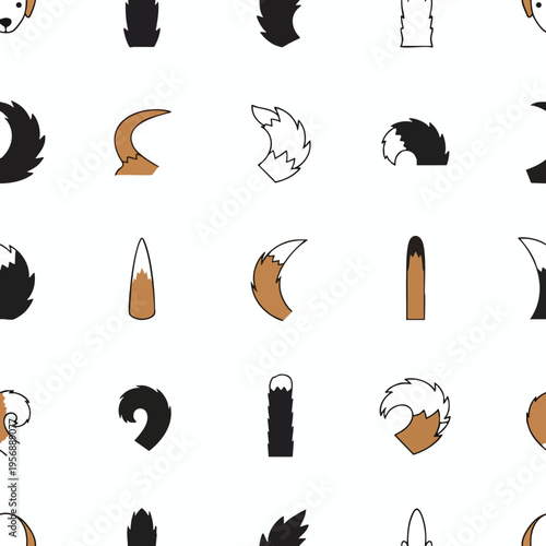 Seamless pattern of stylized animal tails and dog face halves in various colors