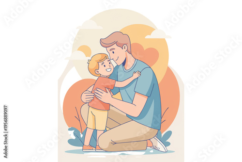 Loving father embracing his happy young son, depicting a heartwarming moment of family bonding and parental affection in a vibrant flat illustration
