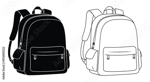 Two backpacks one solid black and one white outline facing forward