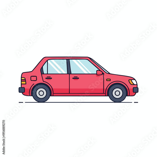 Flat illustration of a red sedan car with black outlines and light blue windows