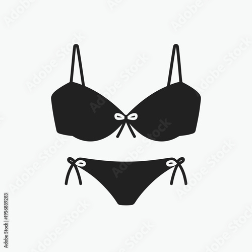 A simple black bikini set featuring a brassiere top and matching briefs with side tie details isolated on white background, Vector, illustration