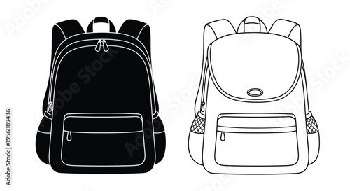 Two black and white outline illustrations of school backpacks facing forward