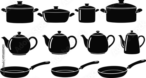 Kitchen cookware silhouettes set, pots, pans and teapots collection, cooking utensils, black and white vector illustration for home kitchen design